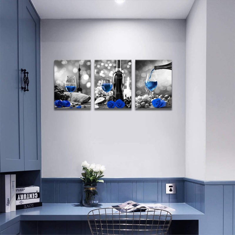 KAKEMONO Wine Rose Artwork for Home Walls - Black and White With Blue Wine Painting - Dining Room Decor - Blue Kitchen Pictures - Wall Decor - Stretched 12x16inches x3 - Image 3